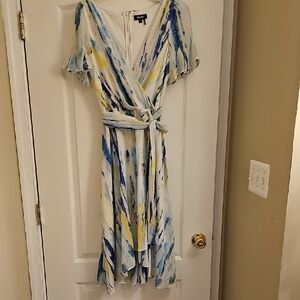 DKNY Blue and Yellow Artistic High Low Dress